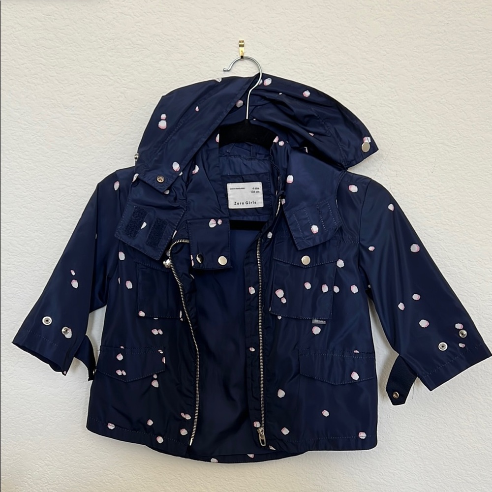 Zara Blue and Pink Hooded Raincoat with Polka Dots
